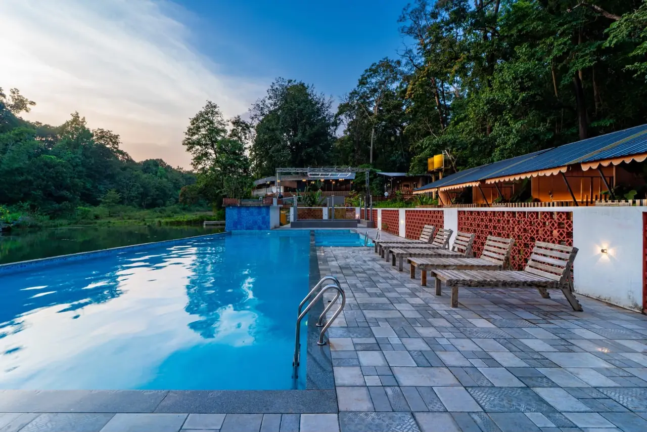 Swimming pool and green resort surroundings in Dandeli