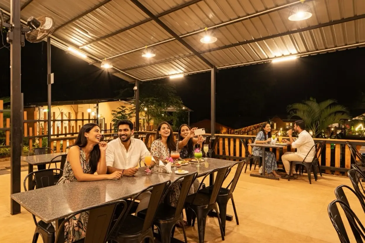 Guests enjoying a meal at Forest Pool Cottage Stay