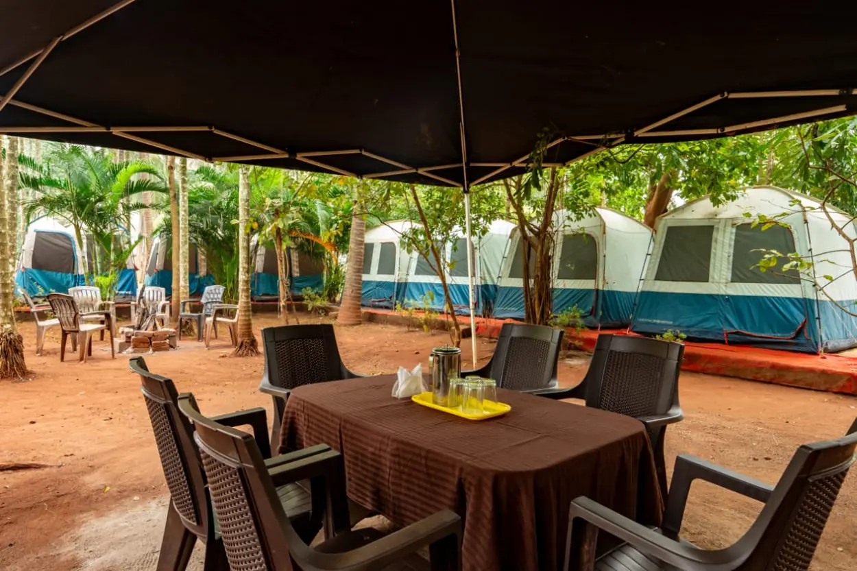Outdoor seating near the tents