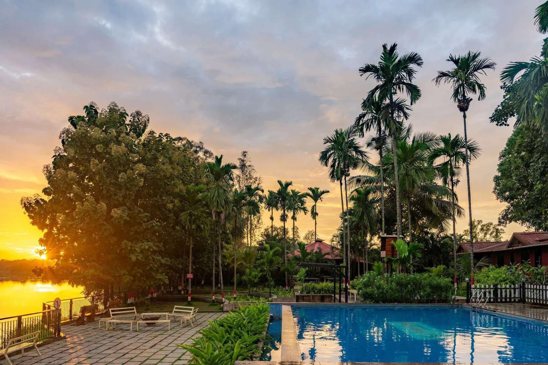 Riverside pool at sunset